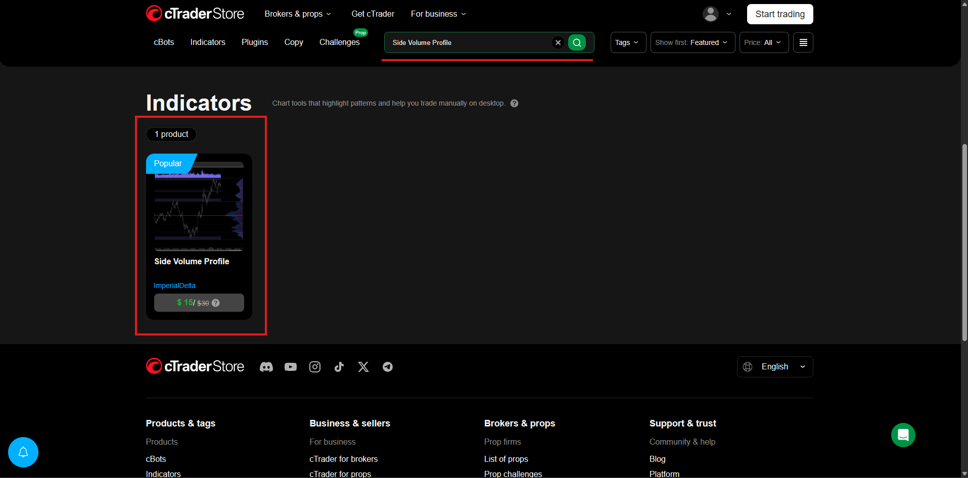 cTrader Website screenshot with the Store tab open &rarr; Indicators category selected. The search box contains &ldquo;Side Volume Profile&rdquo;