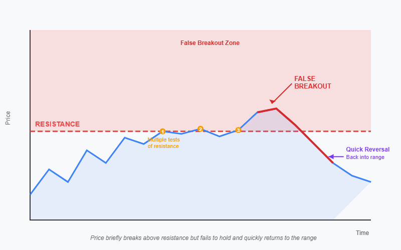 A chart showing a false breakout above resistance that quickly falls back into the range, labeled “False Breakout.