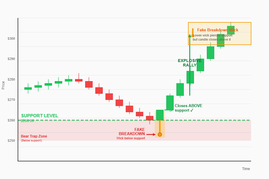 A chart showing a wick below support (fake breakdown) followed by a strong move up